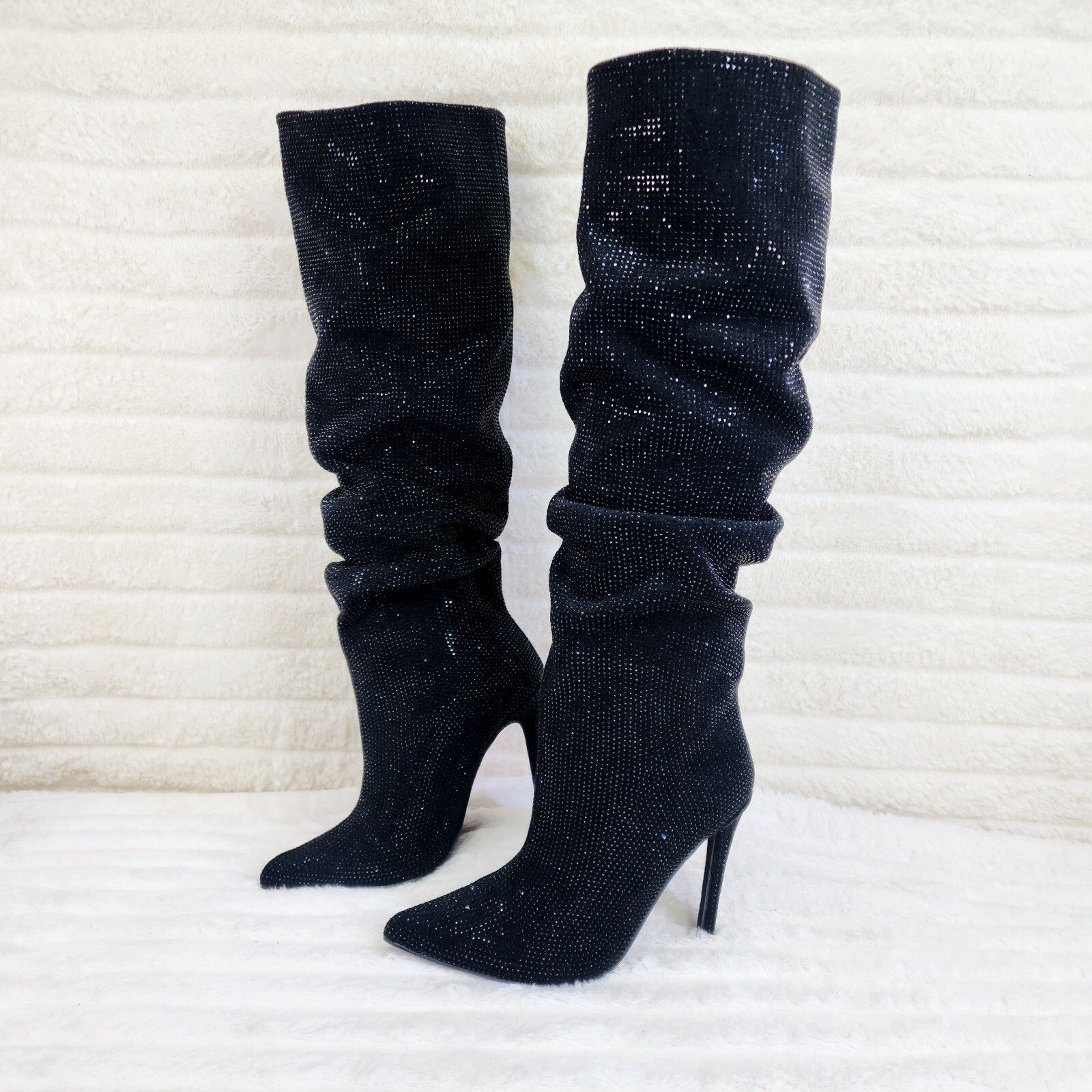 Other Radiant Black Rhinestone High Heel Stiletto Slouch Knee High Size US 6.5 / IT 36.5 - 2 Thumbnail