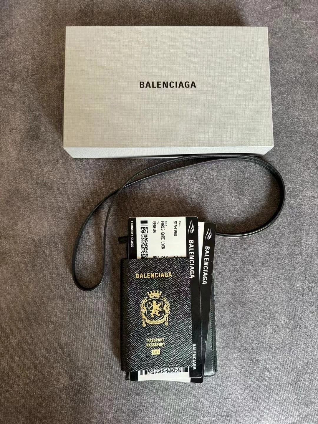 Balenciaga Logo Leather Passport Holder Lanyard Black