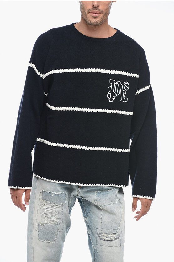 Palm Angels o1y0325 Logo Crewneck Sweater in Midnight/White Size US M / EU 48-50 / 2 - 1 Thumbnail