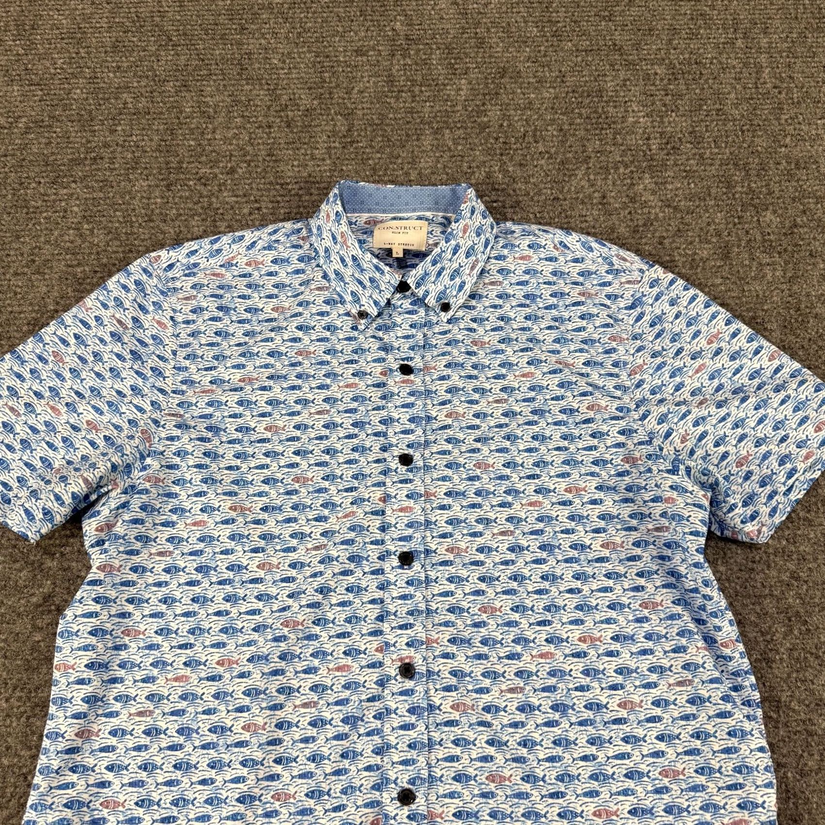 Vintage CON.STRUCT Shirt Mens Large Fish Print Button Down Short Sleeve Stretch Size US L / EU 52-54 / 3 - 2 Thumbnail