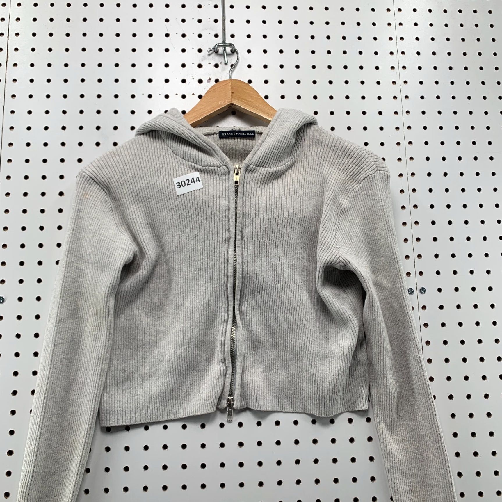 Brandy Melville Brandy Melville Hoodie Womens One Size Gray Rib Knit Crop Zip Hooded Size ONE SIZE - 5 Thumbnail