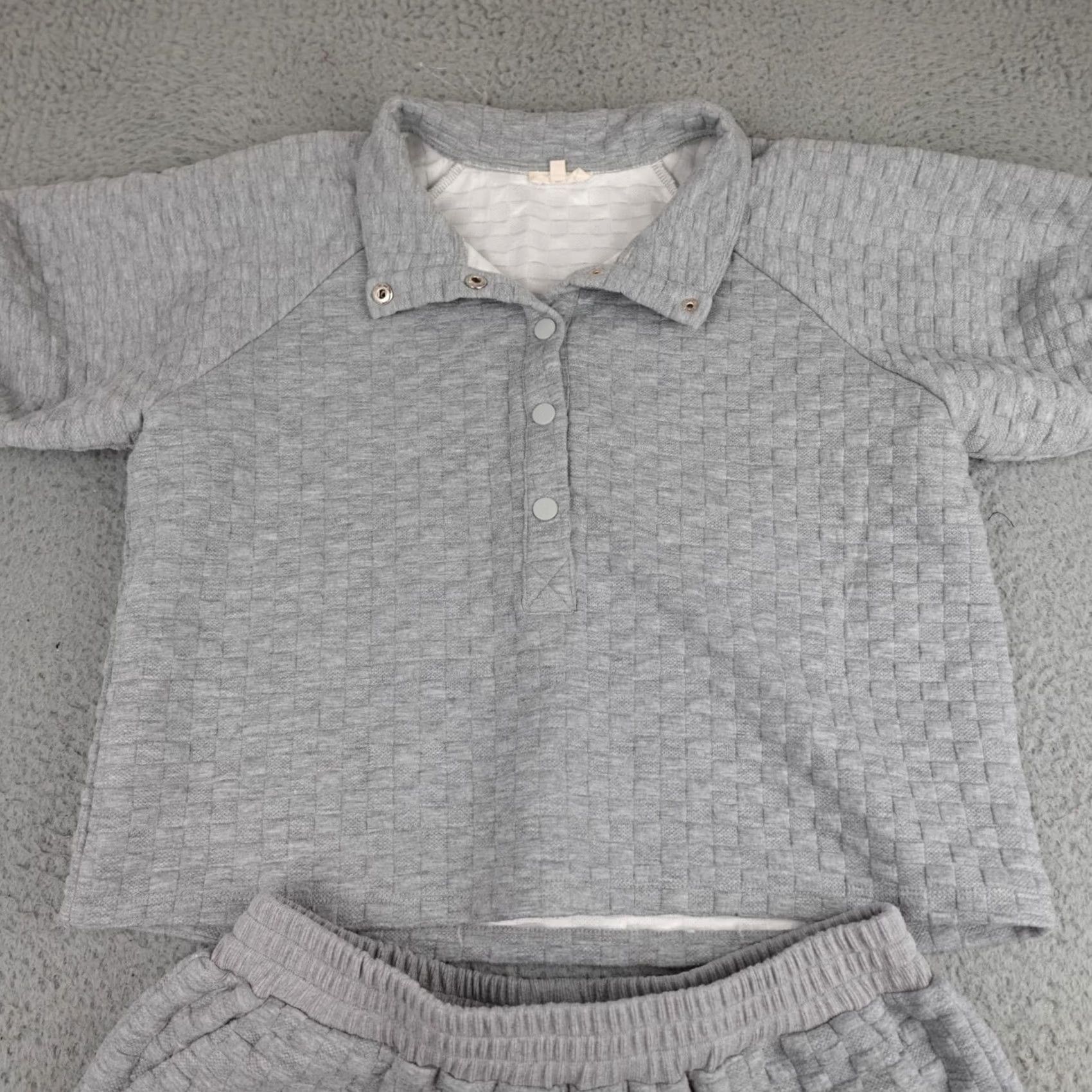 Vintage Main Strip Pajama Set Women's Large Gray Henley Short Sleeve Knit Collared Shirt? Size 36" / US 14 / IT 50 - 3 Thumbnail