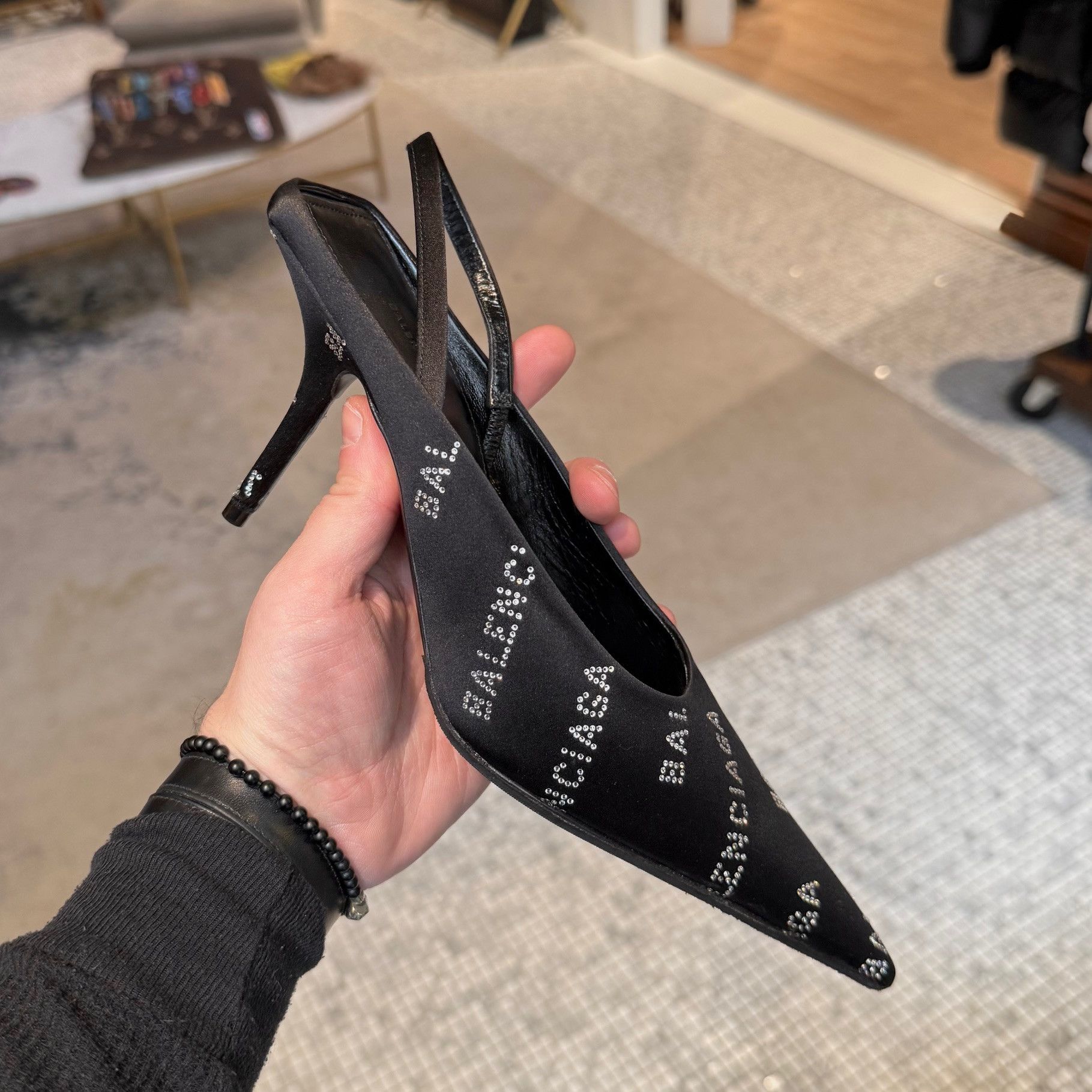 Balenciaga Balenciaga Satin Crystal Logo Slingback Square Knife Pumps Size US 6 / IT 36 - 13 Thumbnail