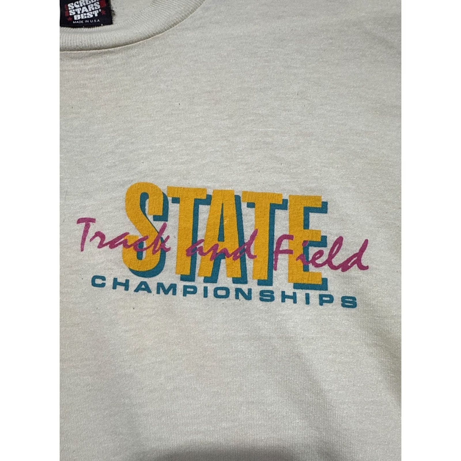 Vintage VINTAGE Track and Field State Champions Tee Shirt L Mens Beige 90s Cotton Short Sleeve Crew Neck Screen Stars 1990s Size US L / EU 52-54 / 3 - 2 Thumbnail
