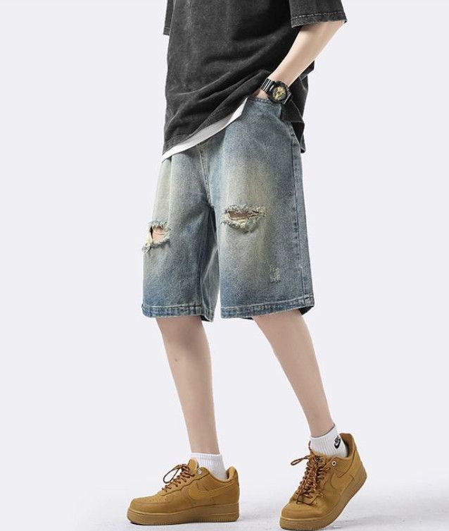 Japanese Brand Men's street distressed straight ripped denim shorts Size US 32 / EU 48 - 4 Thumbnail