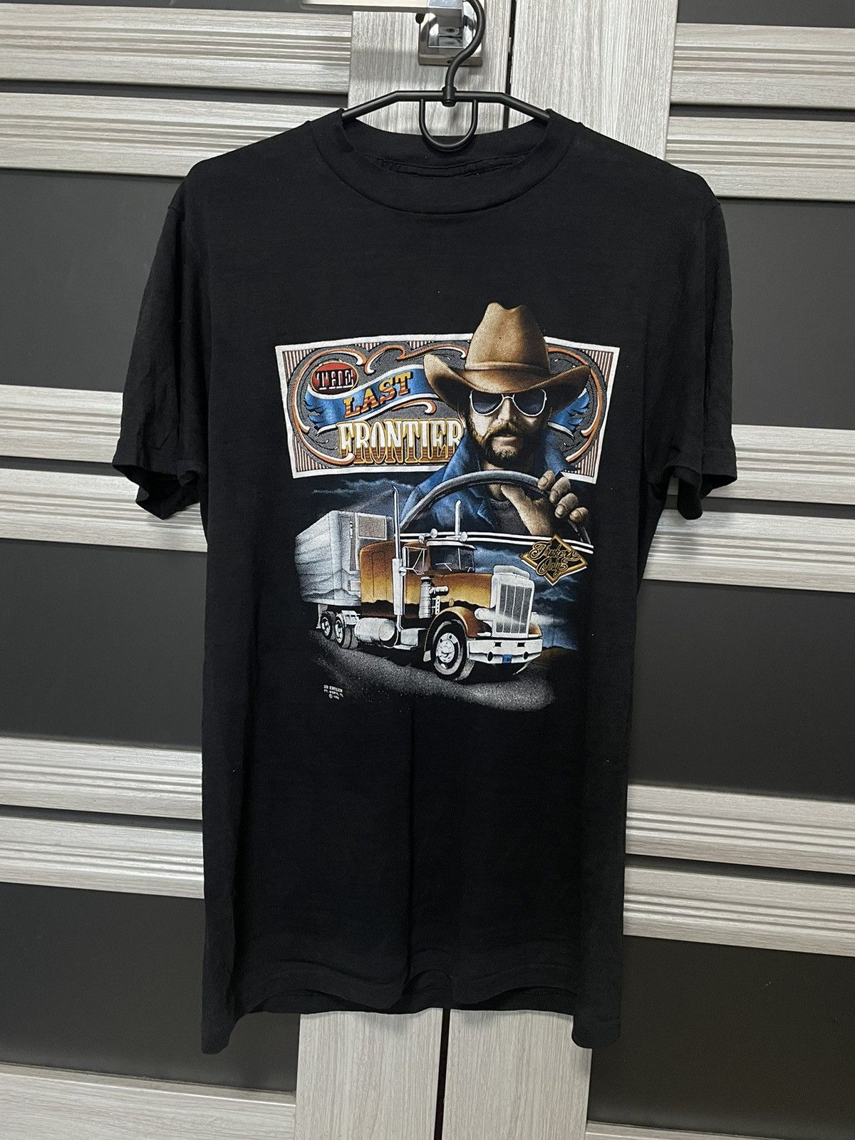 image of Made In USA Ultra 3D Emblem 1988 The Last Frontier T Shirt Truckers in Black, Men's (Size Large)