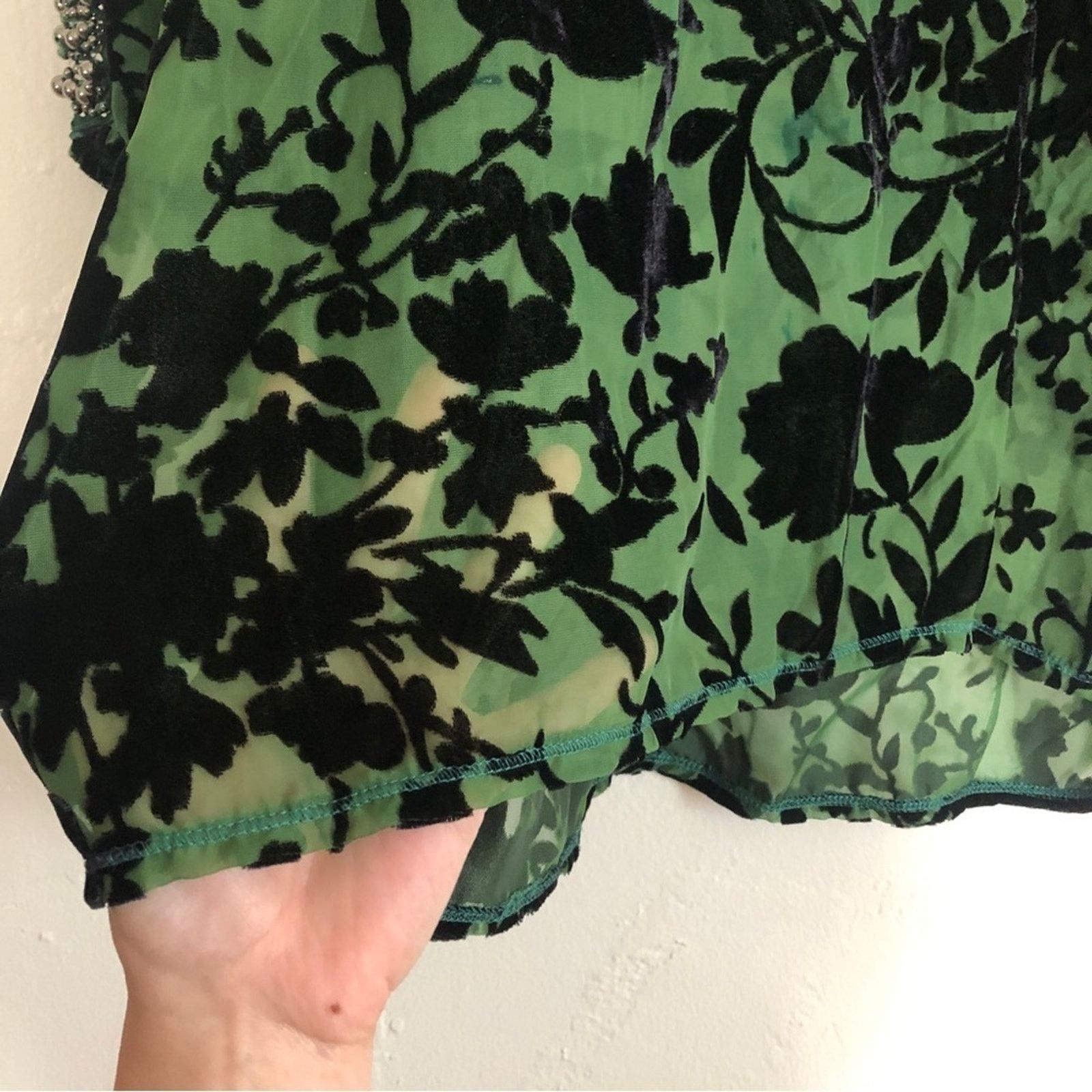 Other Awake Couture Green Black Velvet Velour Floral Blouse Top Size L / US 10 / IT 46 - 5 Thumbnail