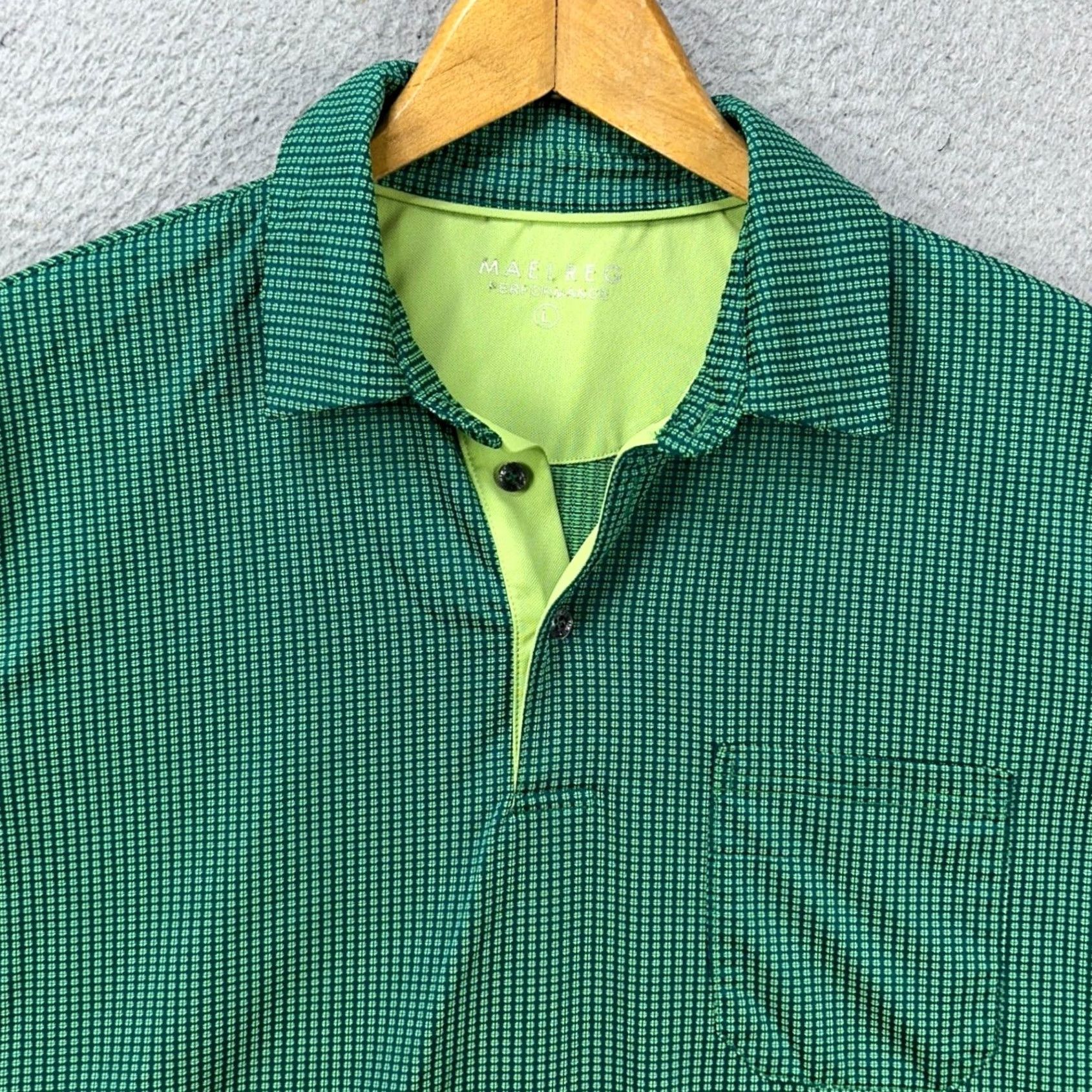 Vintage Maelreg Performance Polo Shirt Mens Large Green Rugby Golf Short Sleeve Pocket Logo Geometric Athletic Breathable Collared 92% Polyester 8% Spandex Size US L / EU 52-54 / 3 - 5 Thumbnail