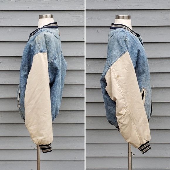 Vintage Vintage 90s y2k Varsity 2 Tone Blue Jean Tan Denim Bomber Size US L / EU 52-54 / 3 - 2 Thumbnail