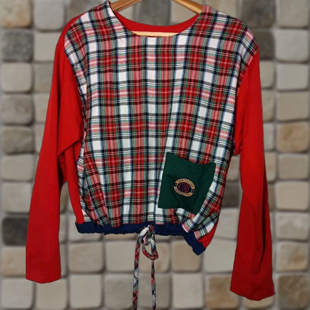 VINTAGE Hang Ten Shirt Sweatshirt Cropped Red Plaid Tartan 1990s Surf Skate Women's L