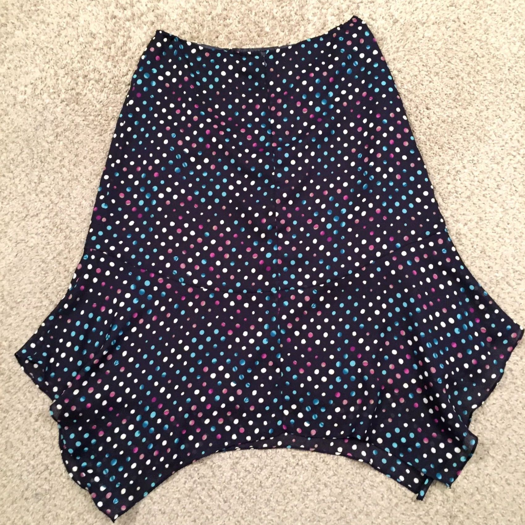 Vintage JG Hook Skirt Midi Polka Dot Blue Lined A-Line Asymmetric 12 Women Regular Polyester XS? Size 34" / US 12 / IT 48 - 6 Thumbnail