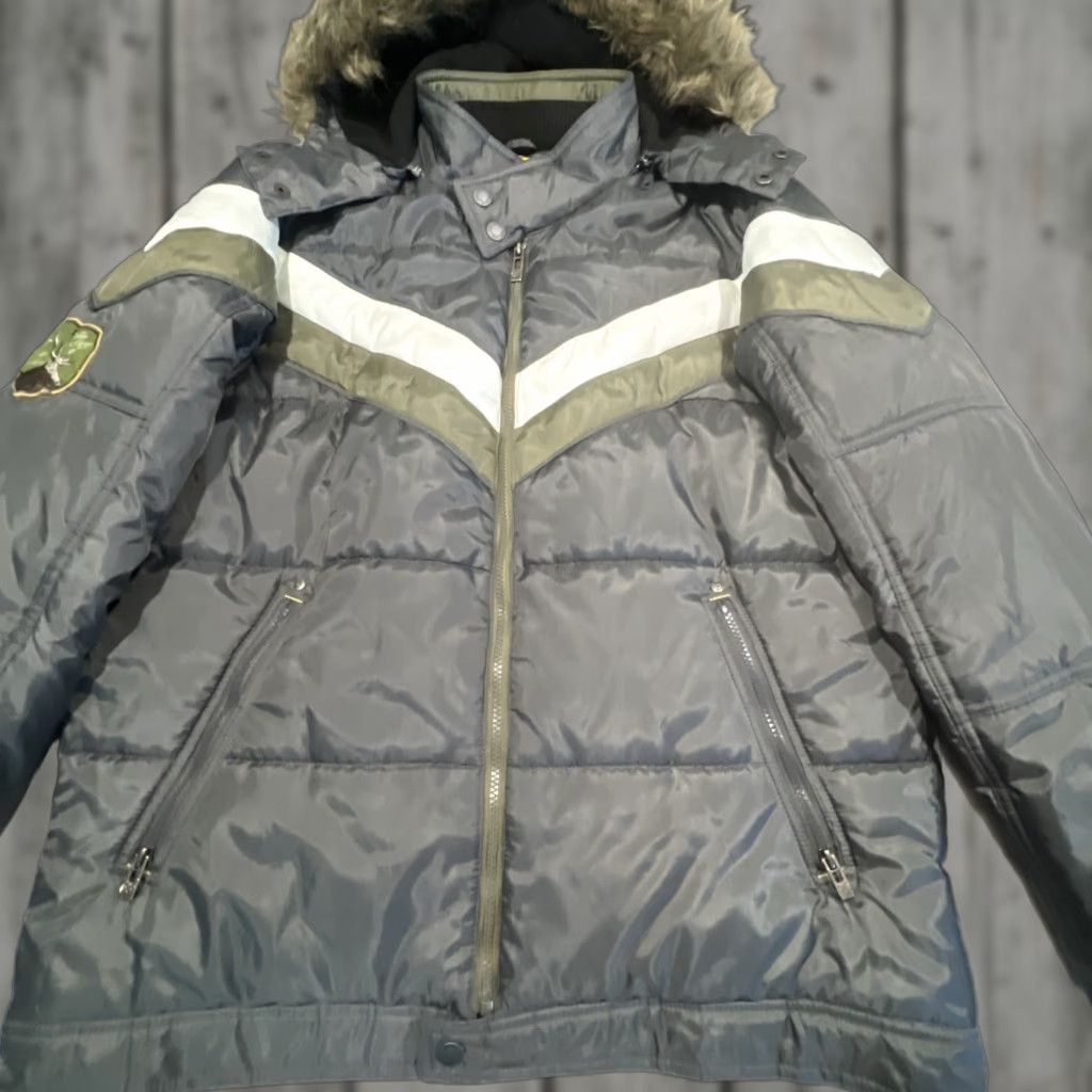 VINTAGE Point Zero Nordic Jacket Men’s XL Faux Fur Trim Zip Off Hat 5 Wild Antlers Patch 90s Outdoor Winter Parka Skiing Gray Jacket/Coat Mens