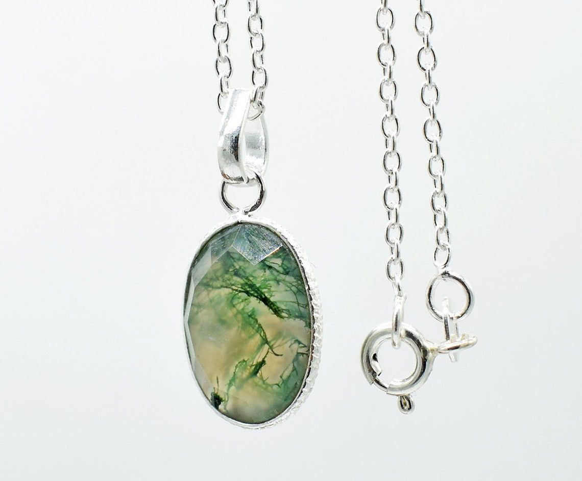 Handmade Natural Moss Agate 925 Sterling Silver Necklace - 18 Inch Size ONE SIZE - 1 Thumbnail