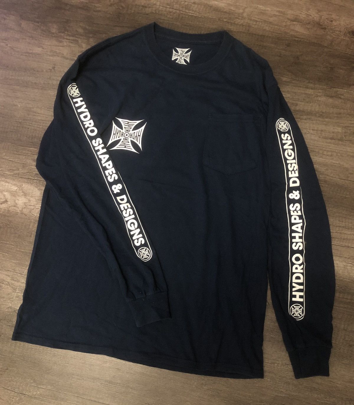image of Vintage Hydro Shapes & Design Long Sleeve Pocket Tshirt in Blue Black, Men's (Size Medium)