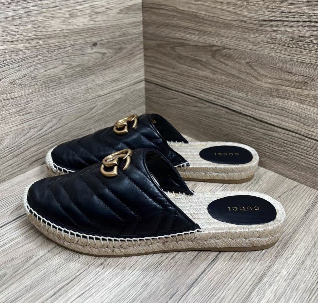 Gucci Gucci Espadrilles Black Double G Straw Mule Slides J41 Size US 8 / IT 38 - 1 Thumbnail