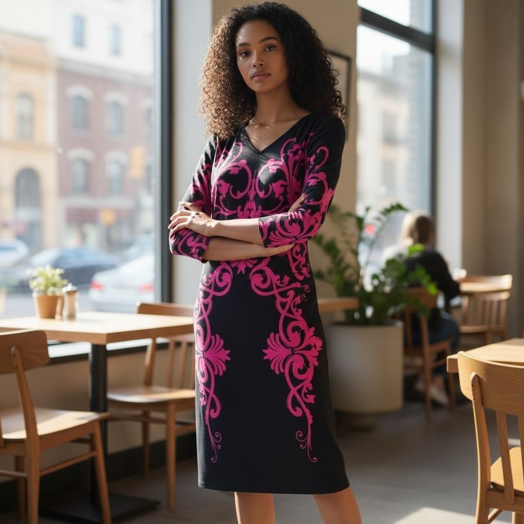 Other David Meister Black & Pink Scroll Print Midi DressV-Neck 3/4 Size XL / US 12-14 / IT 48-50 - 6 Thumbnail