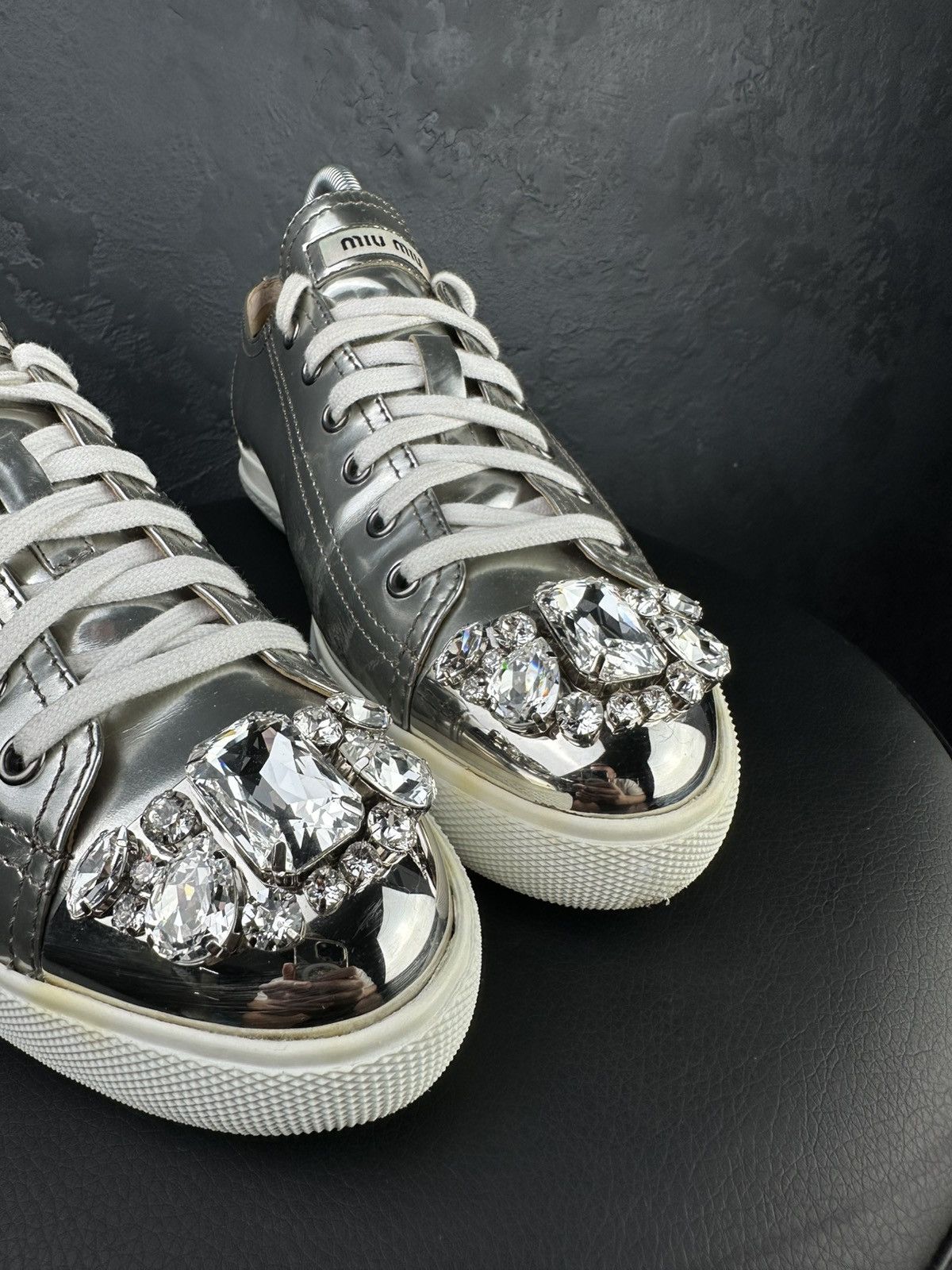 Miu Miu Miu Miu Silver Patent Leather Crystal Low-Top Sneakers Size US 10 / IT 40 - 5 Thumbnail
