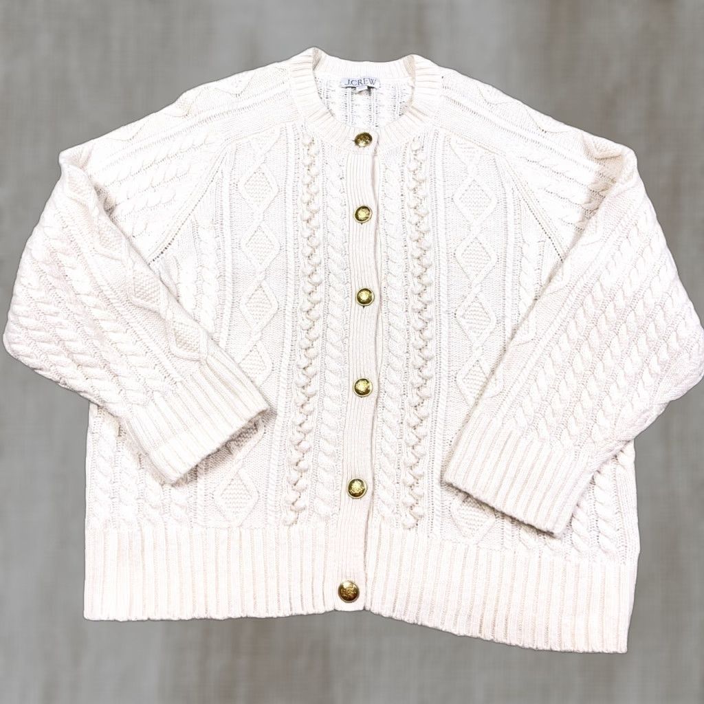 J.Crew J. Crew Cardigan Sweater Women 2X Ivory Cable Knit Wool Blend Gold Buttons Rib Knit Lightweight/All Seasons Size XXL / US 16-18 / IT 52-54 - 1 Thumbnail