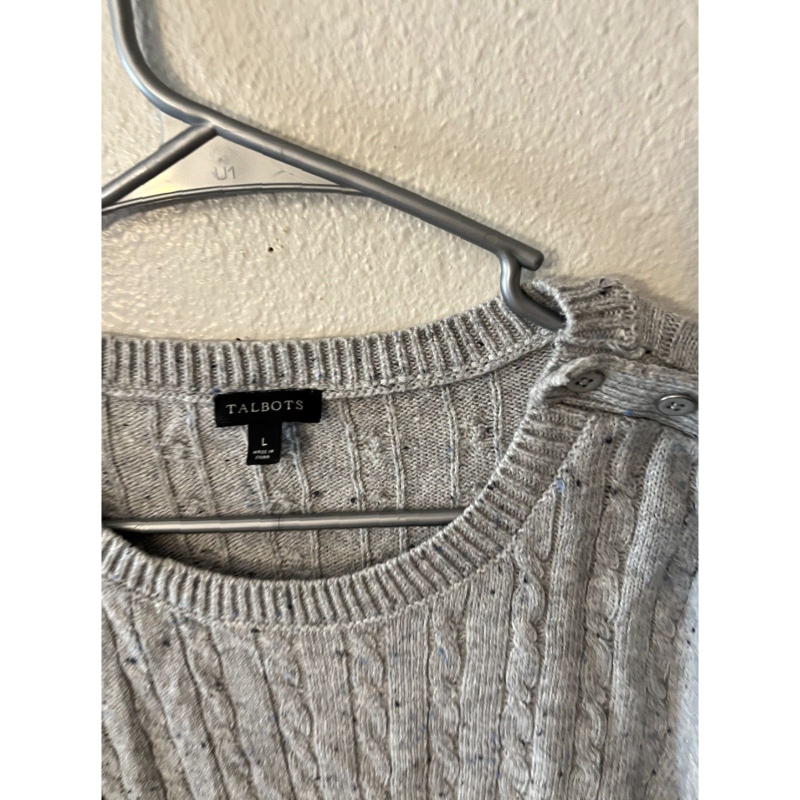 Talbots Talbots Womens Gray Sweater Large Cotton Cable Knit Round Neck Shoulder Button Pullover Size L / US 10 / IT 46 - 2 Thumbnail