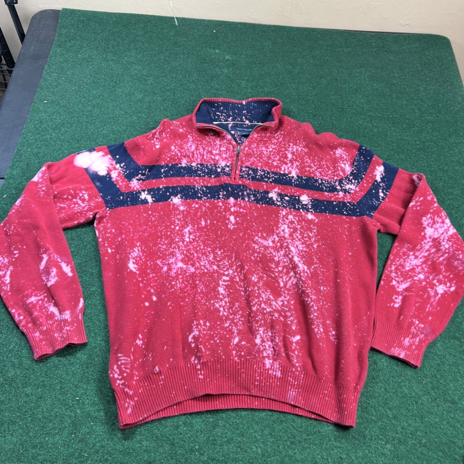 Tommy Hilfiger Custom Bleached Dyed Tommy Hilfiger Logo Red Stripe Quarter Zip Sweater Men's XL Size US XL / EU 56 / 4 - 1 Thumbnail