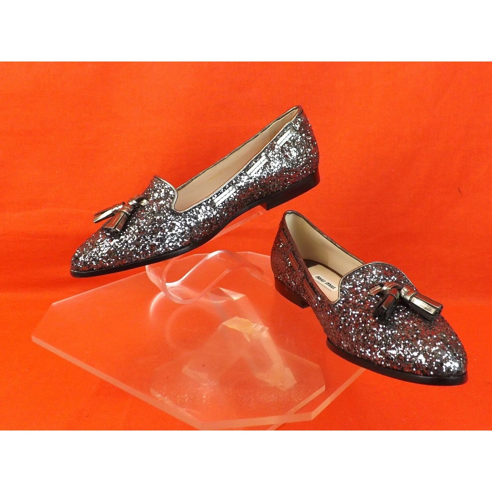 Miu Miu NIB MIU MIU PRADA 5S8518 SILVER GLITTER TASSEL FLATS 40 ITA Size US 10 / IT 40 - 6 Thumbnail