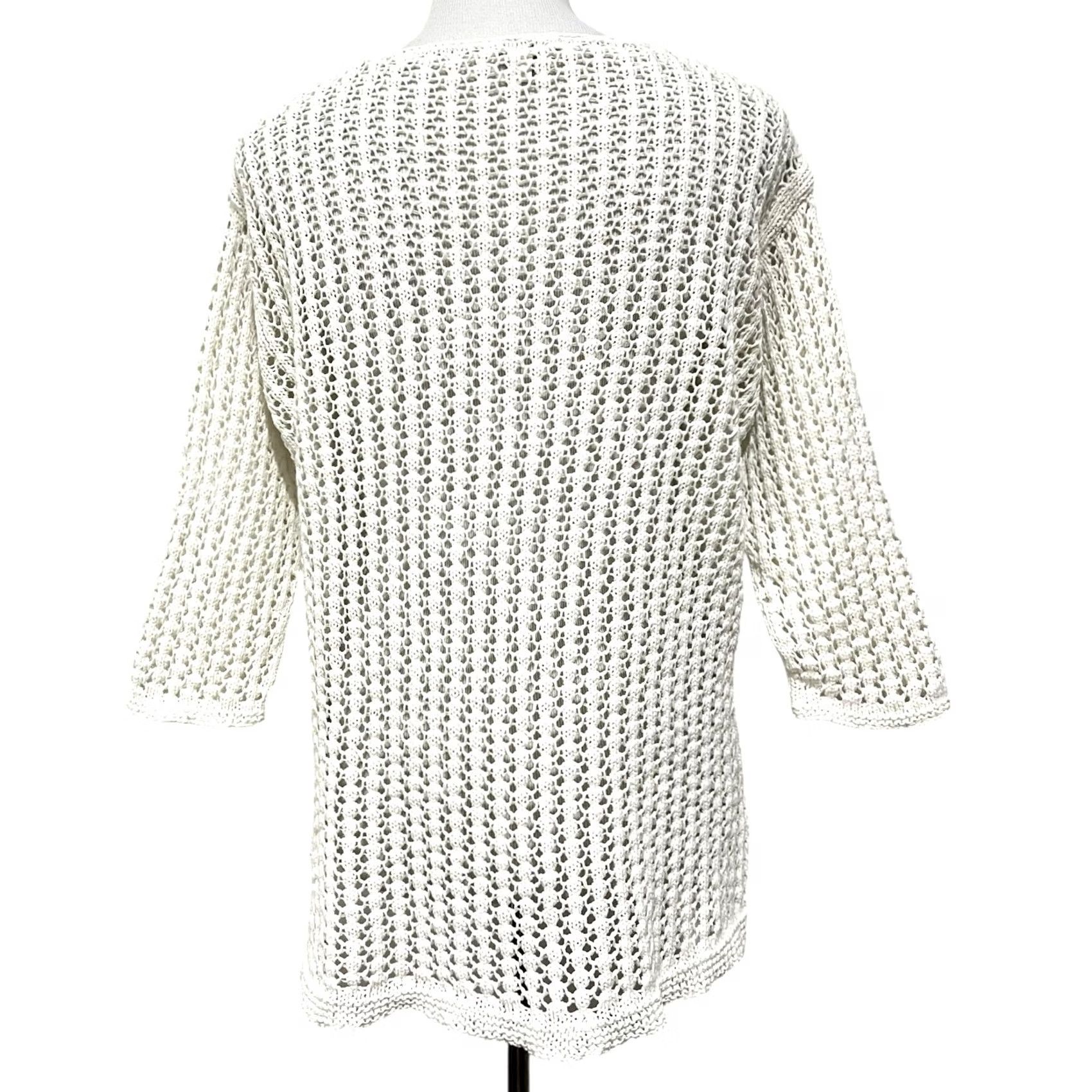 J. Jill J Jill Sweater White Open-Knit Crochet 3/4 Sleeve Cotton Blend S Womens Shirt Knit pullover Classic Coastal Preppy Beach Cottage Size S / US 4 / IT 40 - 6 Thumbnail
