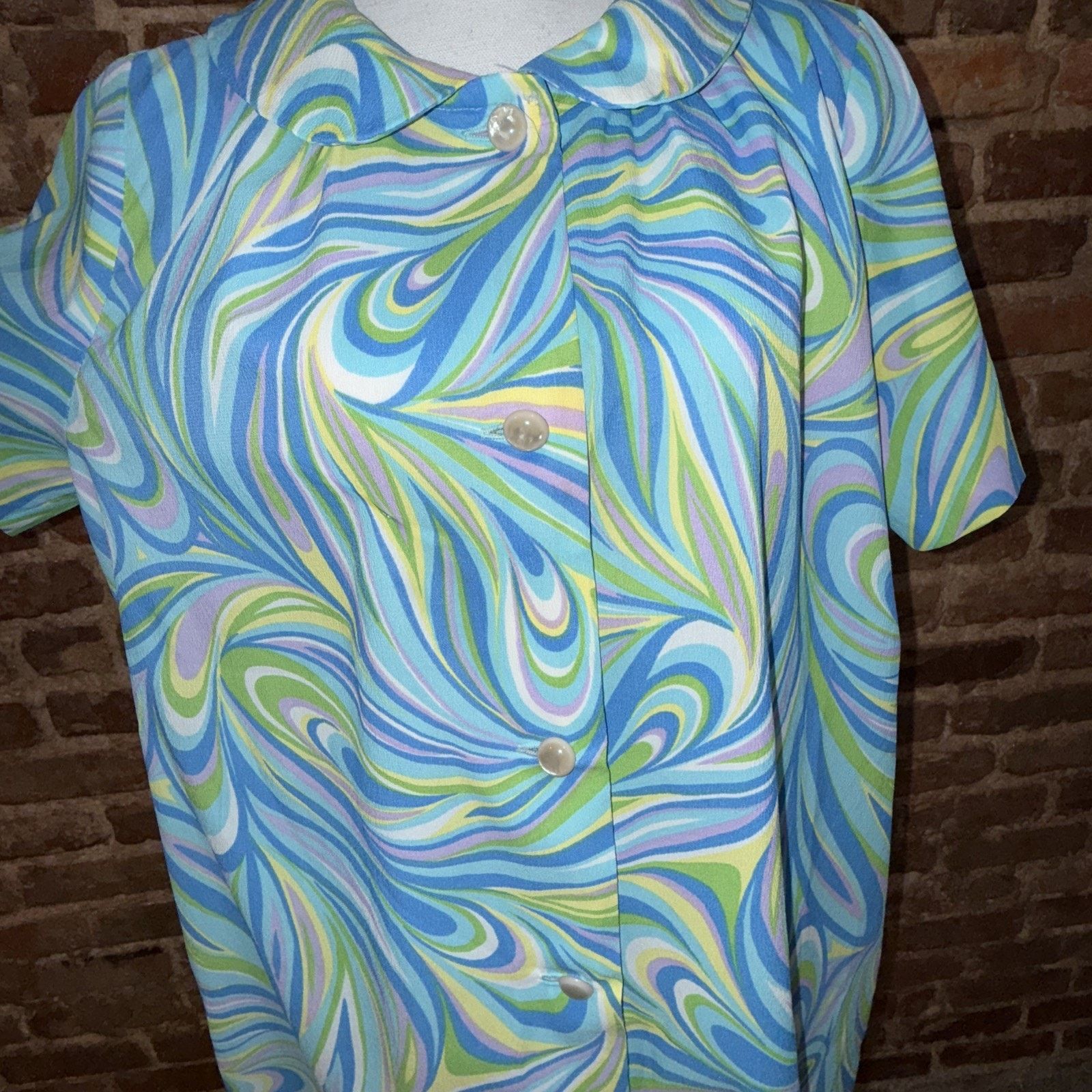 Sears Vintage Sears Blue Swirl Mod Bright Granny House Dress Sz L Size L / US 10 / IT 46 - 6 Thumbnail