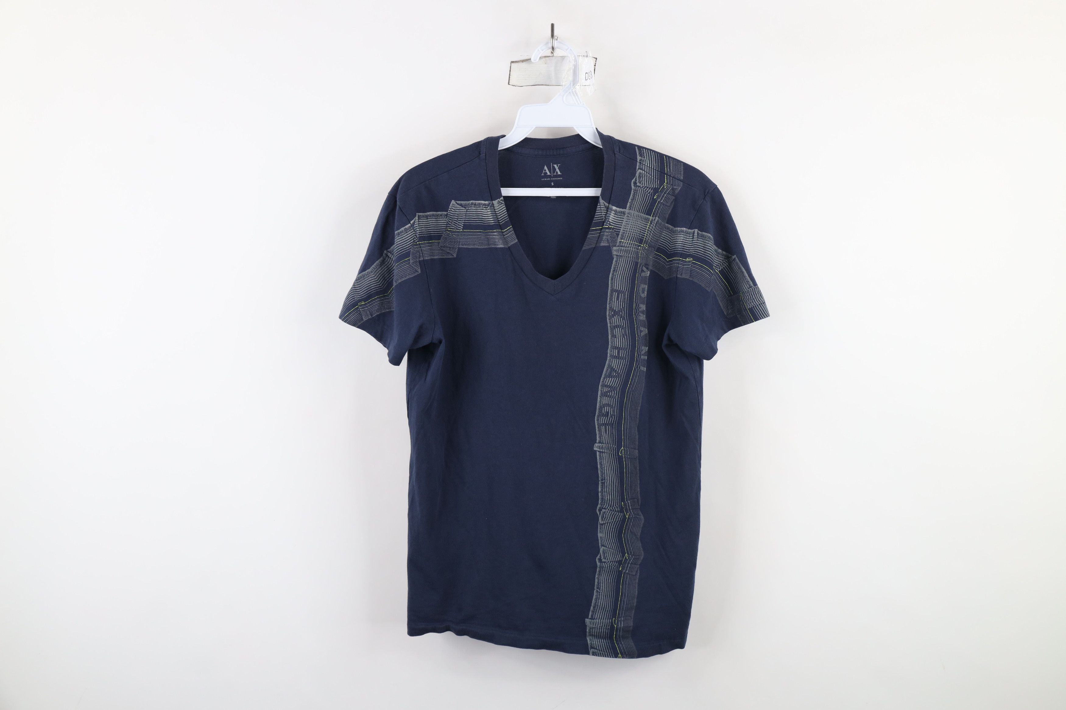 Armani Exchange × Vintage Armani Exchange Spell Out Ribbon V-Neck T-Shirt Navy Blue Size US S / EU 44-46 / 1 - 1 Thumbnail