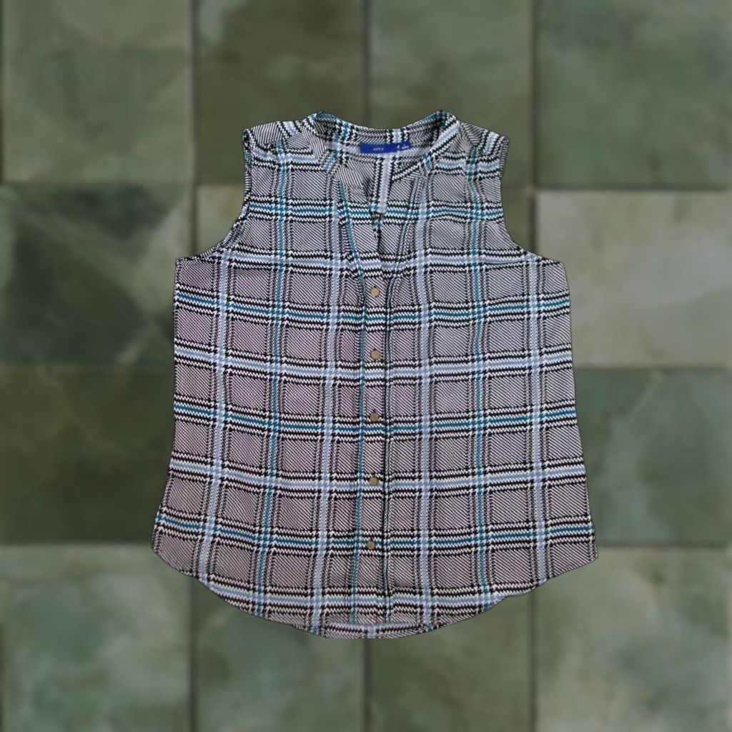 Apt. 9 VINTAGE Apt.9 Blouse Womens L Sleeveless Button Front Plaid Black White Teal Houndstooth Size L / US 10 / IT 46 - 1 Thumbnail