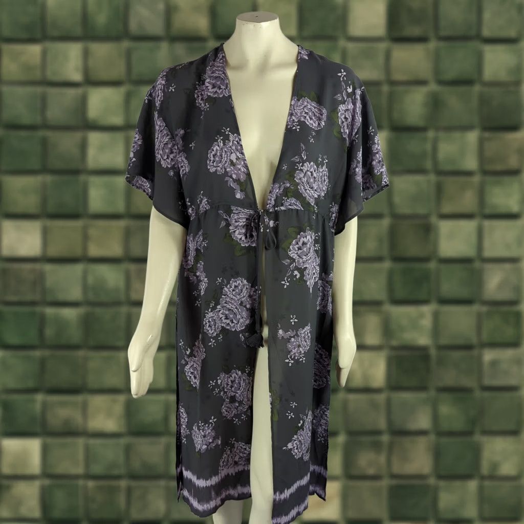 Vintage Maurices Womens L Sheer Gray Floral Duster Cardigan Tie Front Bell Sleeve Chiffon NWT Romper? Size L / US 10 / IT 46 - 1 Thumbnail