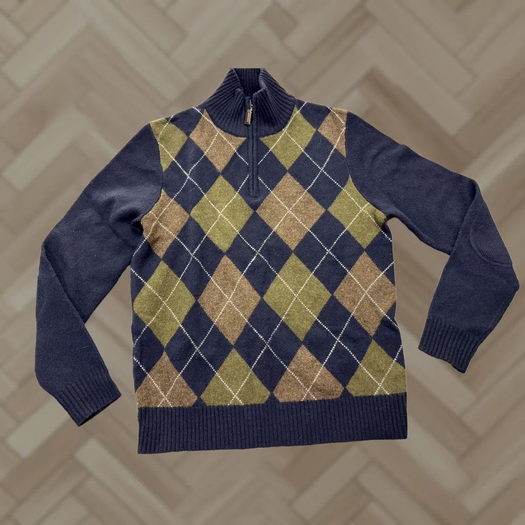 J.Crew J Crew Mens Medium Navy Argyle Lambswool Quarter Zip Pullover Sweater Size US M / EU 48-50 / 2 - 1 Thumbnail