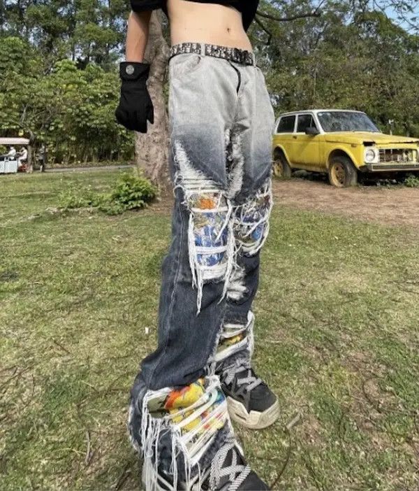 Jean Destruction Brushed Washed Loose Straight Leg Ripped Jeans Size US 29 - 4 Thumbnail