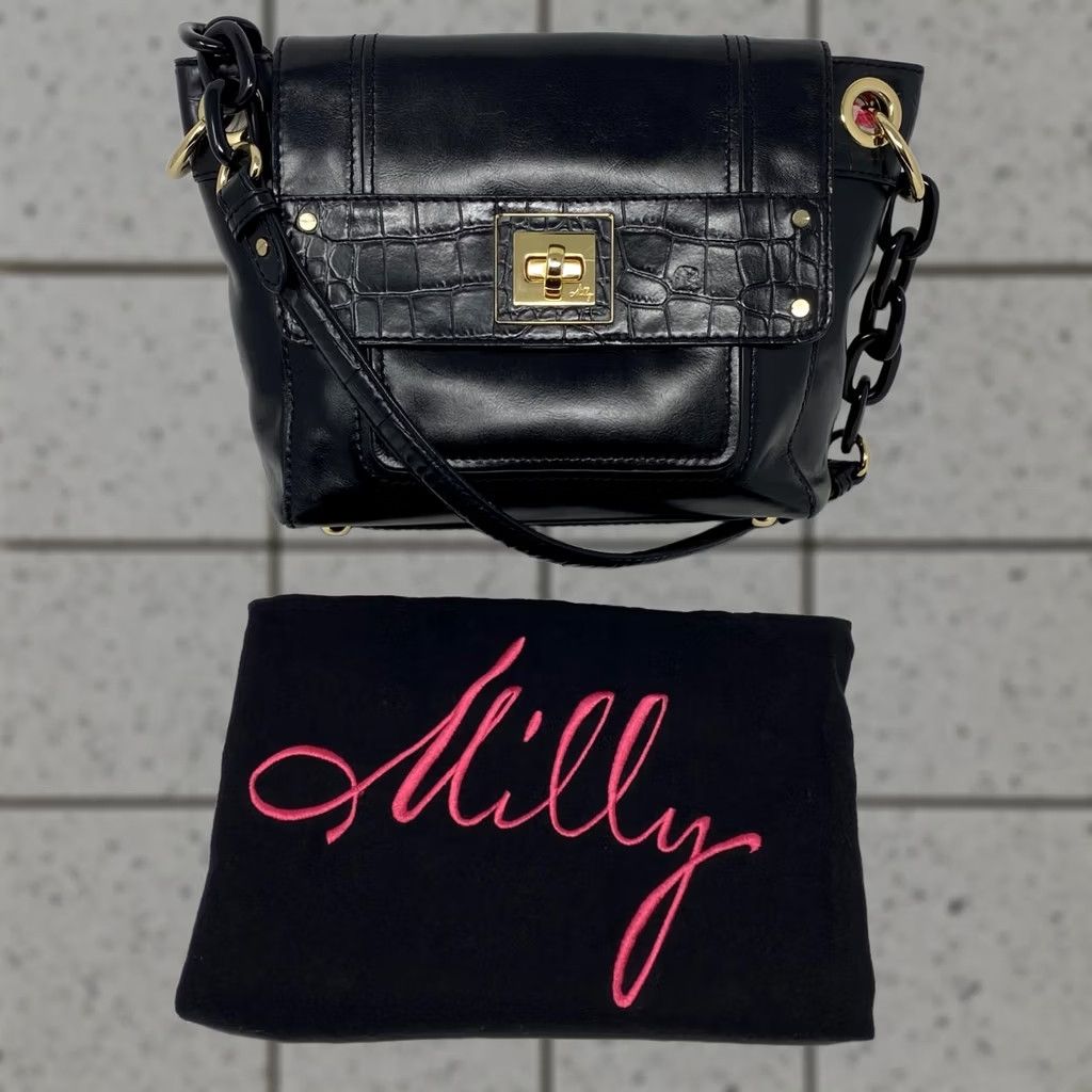 Vintage Milly Shoulder Bag Womens Small Black Leather Embossed Croc Acrylic Chain Strap Y2K, Women's