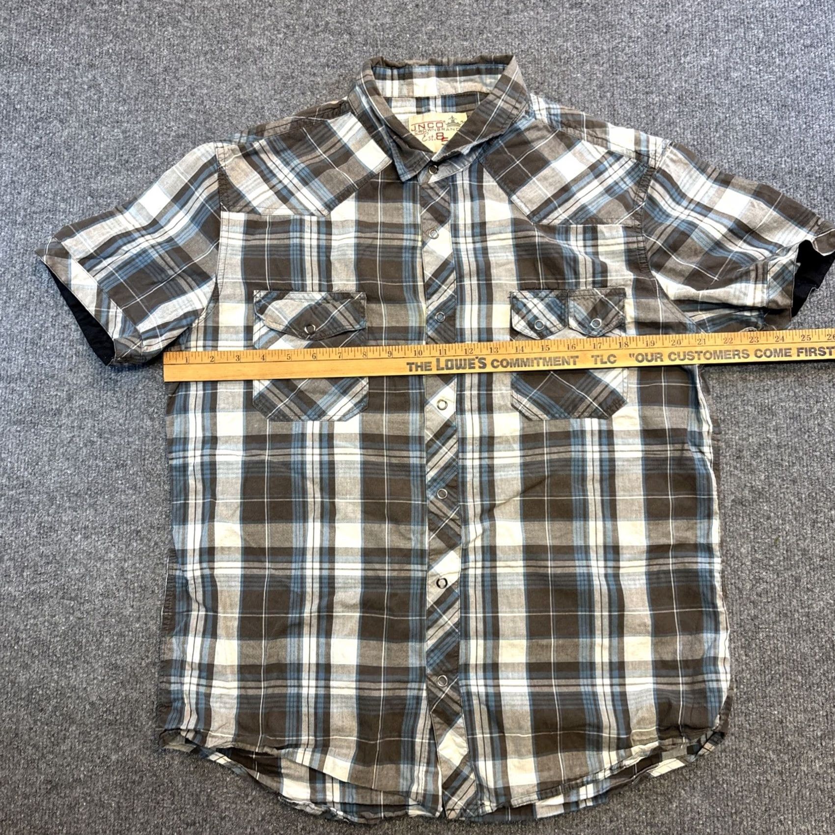JNCO JNCO Crown Brand Shirt Adult XL Blue Gray Plaid Button-Up Short Sleeve Slim Fit Regular I Colorful Western Modern Mens Size US XL / EU 56 / 4 - 5 Thumbnail