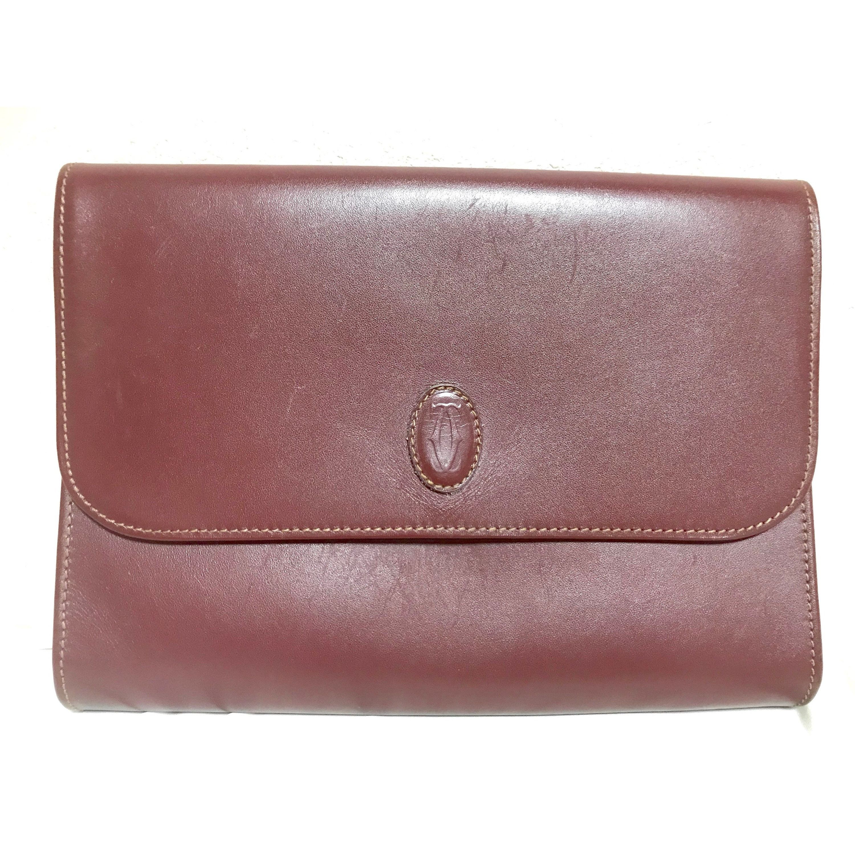 Vintage Cartier Wine Leather Clutch Bag, Mini Document Purse in Purple, Women's