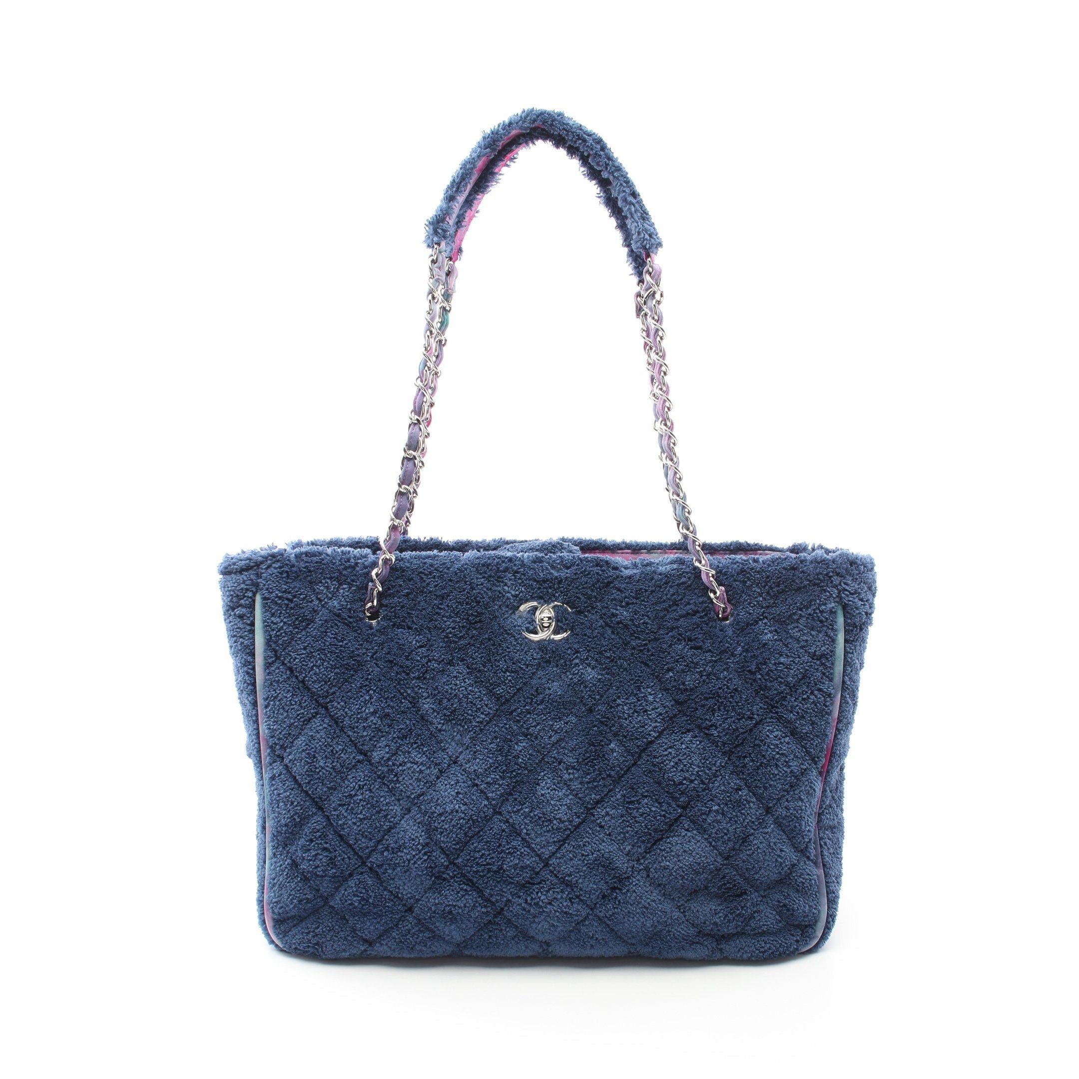 Chanel Large Chain Shoulder Bag Tote Fabric Dark Blue Purple Multicolor Silver Hardware