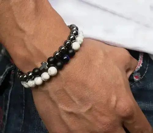 Beads x Jewelry Double Cross Bead Bracelets in Black, Men's