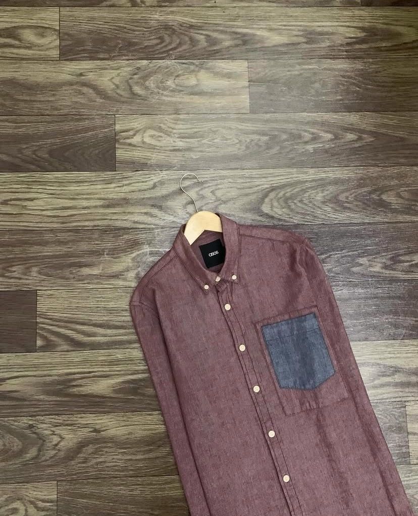 Asos Mens Shirt ASOS Cotton Chambray Burgundy Long Sleeve Size US S / EU 44-46 / 1 - 1 Thumbnail