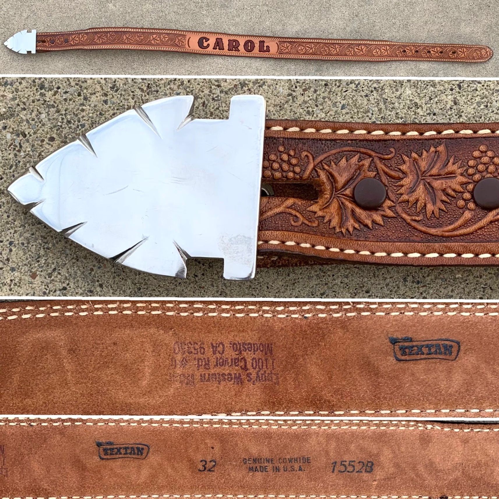 Vintage vintage Textan leather belt with arrowhead buckle, name Carol, size 32, brown, unisex, casual, rockabilly Size ONE SIZE - 7 Thumbnail