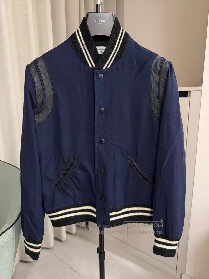 Saint Laurent Paris Saint Laurent Paris Navy Blue Wool Teddy Baseball Jacket Size US M / EU 48-50 / 2 - 1 Thumbnail