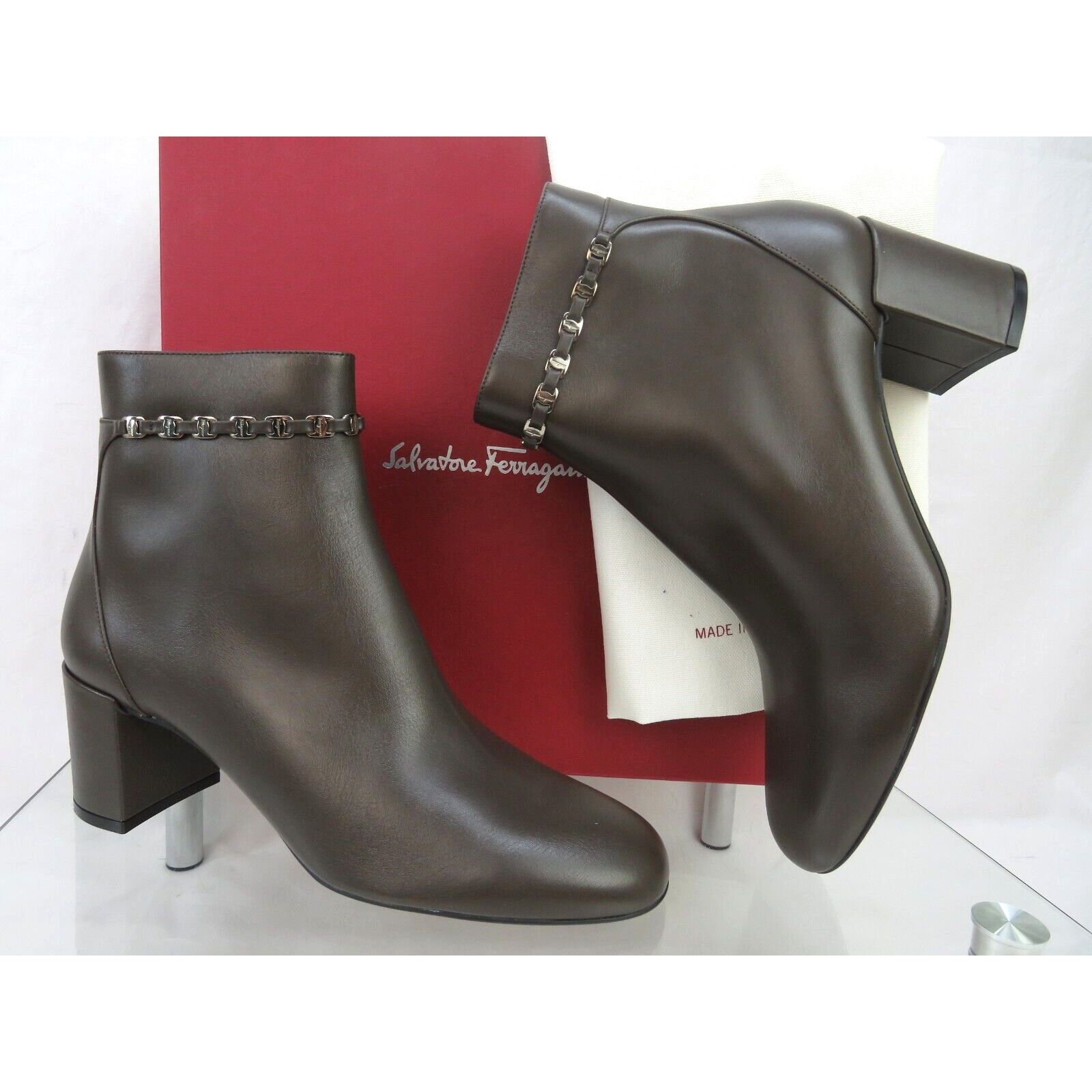Salvatore Ferragamo NEW GHILA BROWN LEATHER GANCINI CHAIN ZIP ANKLE BOOTS 6.5 C Size US 6.5 / IT 36.5 - 7 Thumbnail