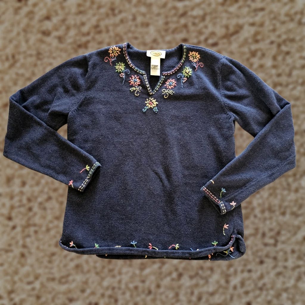 Talbots Talbots Sweater Top Womens 8 Blue Knit Rainbow Embroidered Flowers Long Sleeve V-Neck Pullover Size M / US 6-8 / IT 42-44 - 1 Thumbnail
