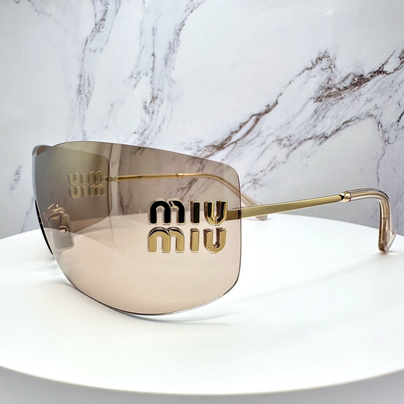 Miu Miu New MIU MIU Sunglasses Gold Light Mirror Bronze Rimless Wrap Size ONE SIZE - 5 Thumbnail