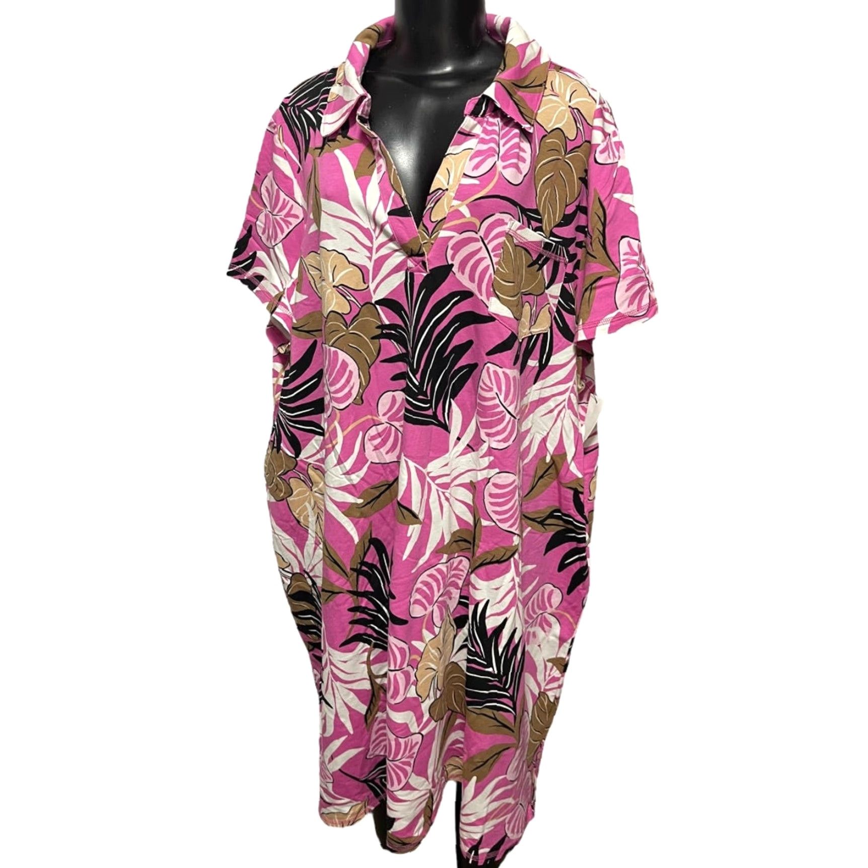 Talbots VINTAGE 3X T by Talbots New Tshirt Dress Tropical Breezy Palm Print Soft Collared Shirt Men 3X Pink Short Sleeve Tall Size 48R - 3 Thumbnail