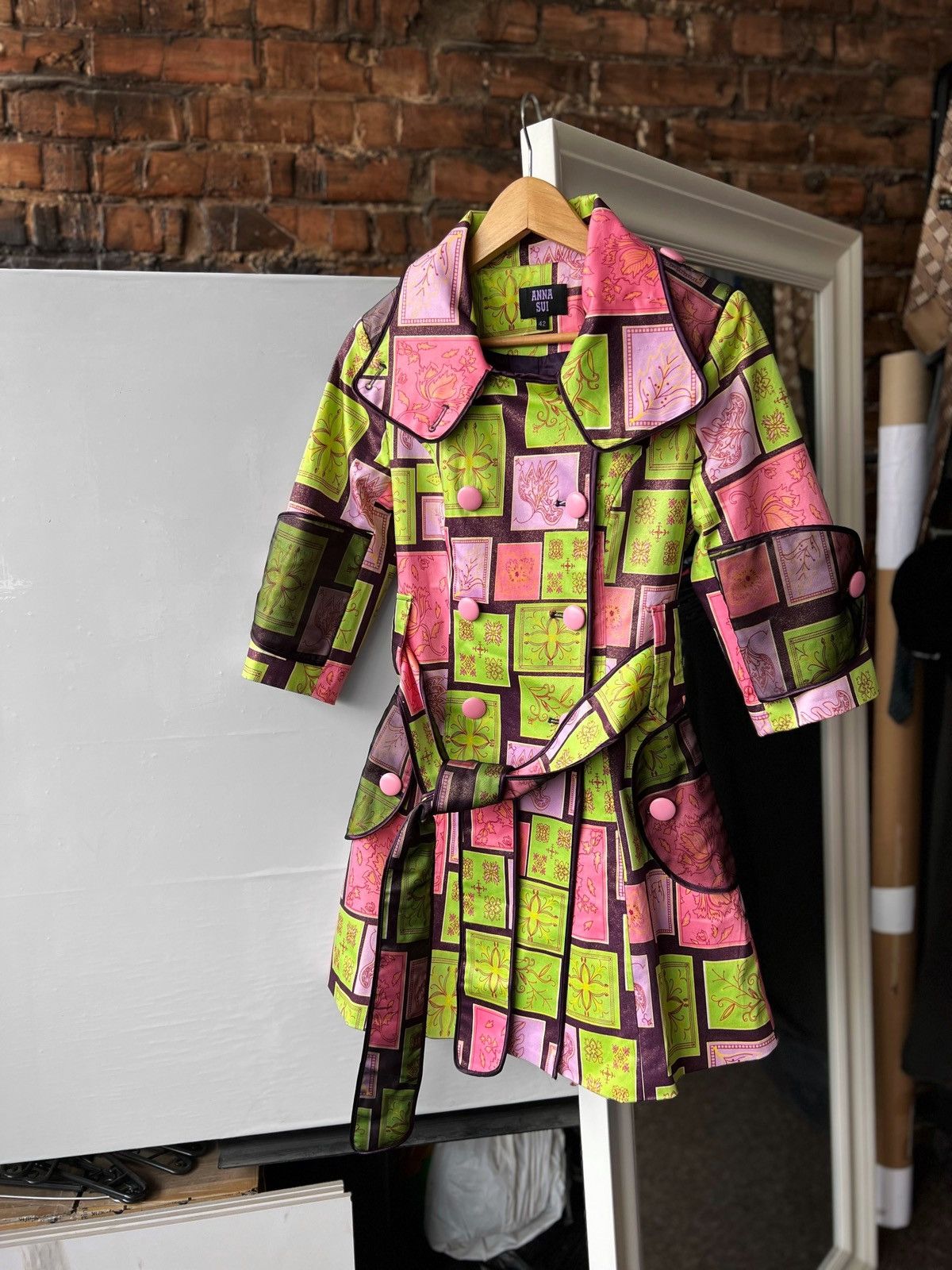 image of Anna Sui Women’S Vintage Double Breasted Pea Coat Jacket in Green/Pink, Women's (Size Small)