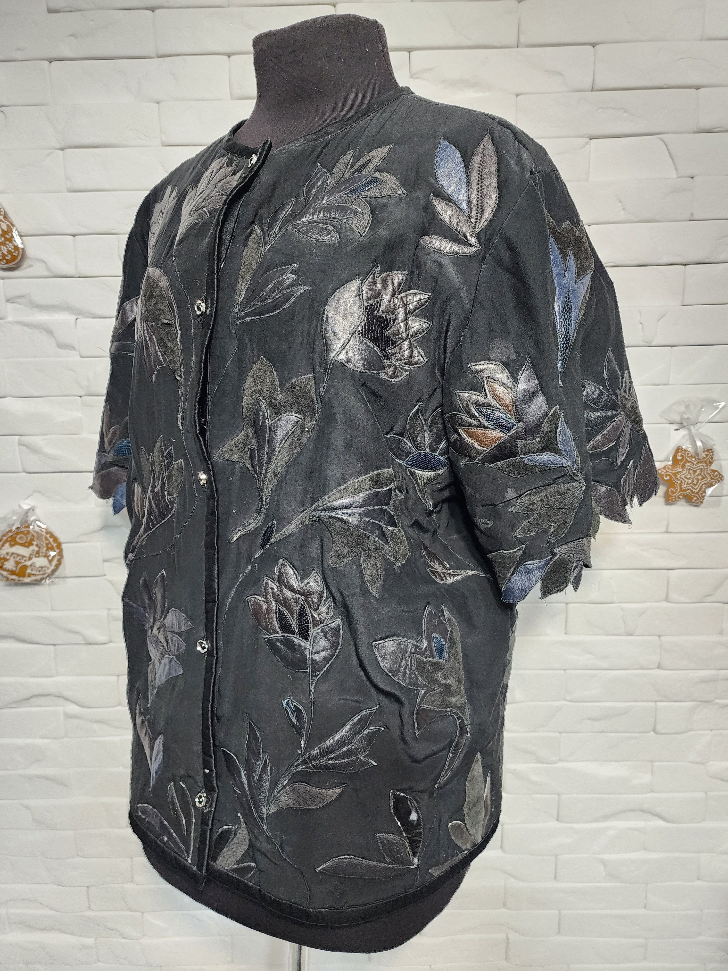 Other Black Blazer with Leather Flowers - Women's Polyester Jacket Size XL / US 12-14 / IT 48-50 - 2 Thumbnail