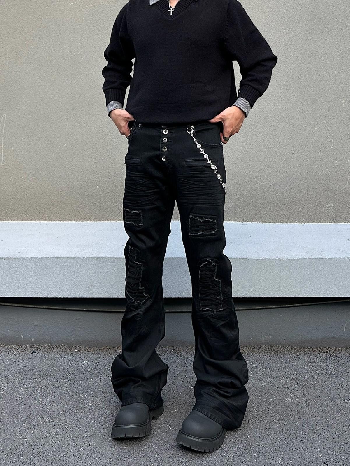 Japanese Brand Black Distressed Baggy Wide Leg Jeans, Barrel Leg Jeans Size US 32 / EU 48 - 4 Thumbnail