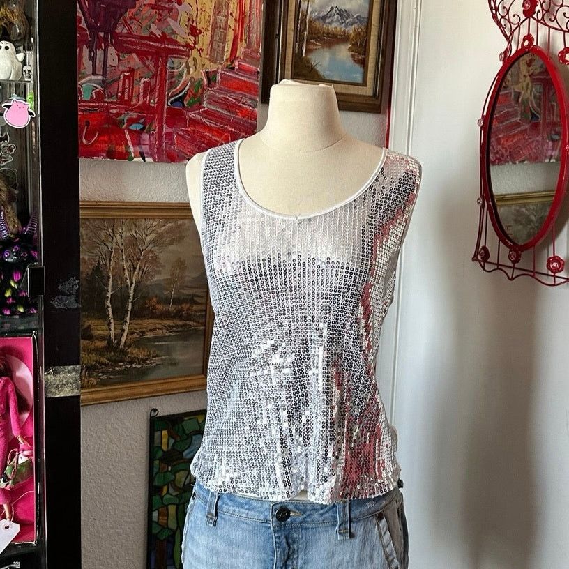 Other no brand white silver sequin tank top Size XL / US 12-14 / IT 48-50 - 1 Thumbnail