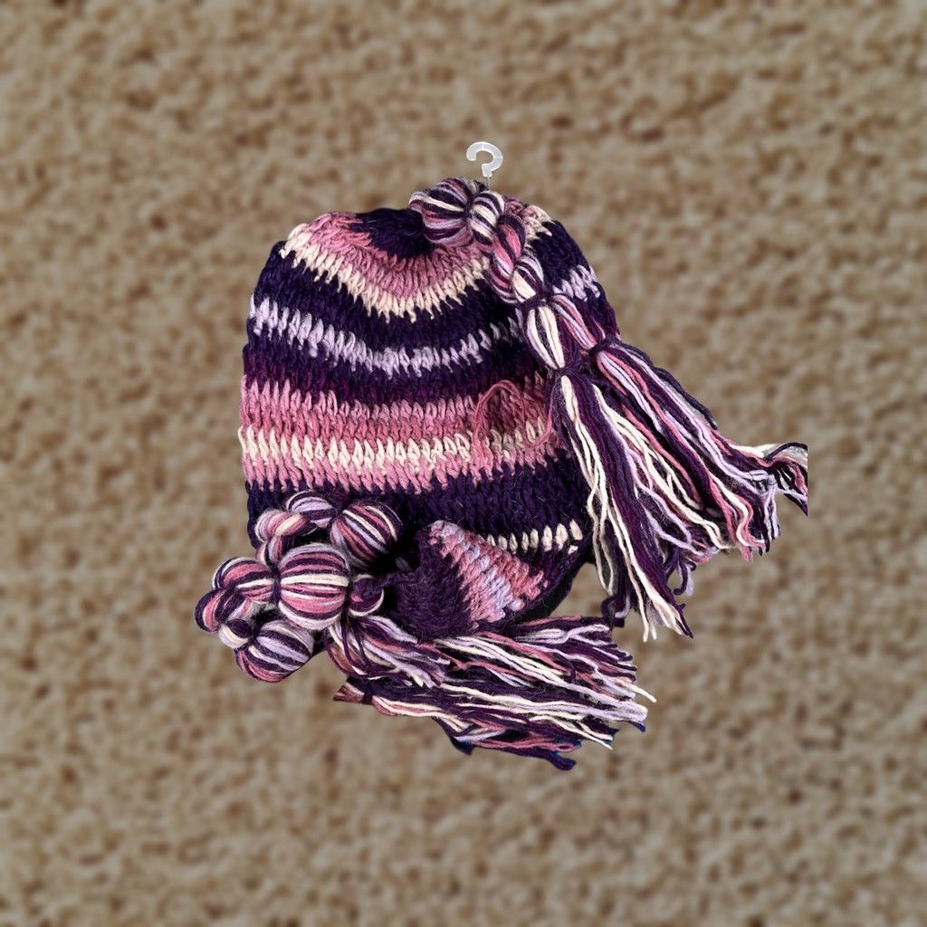 Vintage Womens Beanie Hat Striped Purple Wool Knit Ear Flap Lined Thermal Tassel POM Winter VINTAGE? Size ONE SIZE - 1 Thumbnail