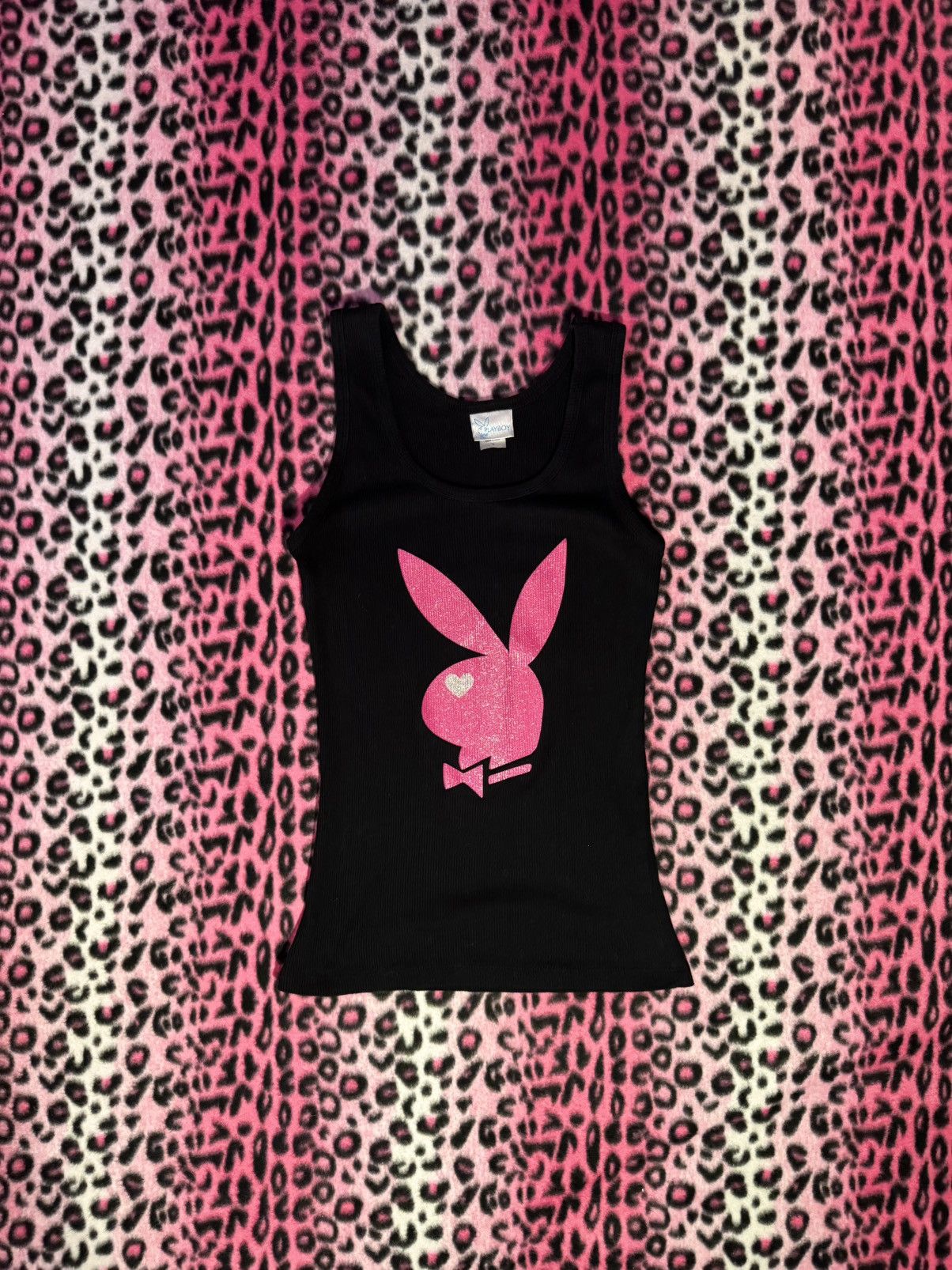 Playboy Vintage Black & Pink Playboy Ribbed Glitter Tank Top Size L / US 10 / IT 46 - 1 Thumbnail